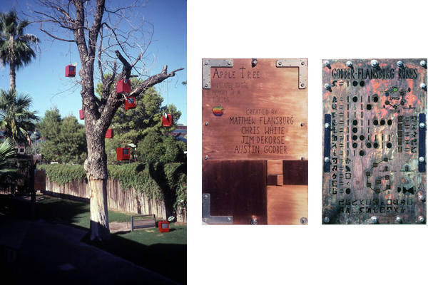 Apple Tree Project Macintosh IIc Computers Painted Red and Given an Oxidized Copper Leaf Adorn Dead Tree Outside Casey Moores Restaurant Tempe Arizona Secret Code Puzzle Challenges Mensa Difficult Code Solved in 39 days by local Chapter Matthew Flansburg Austin Godber Jim Decorse Chris White 1999