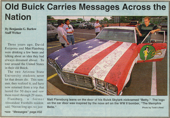 Betty Art Car 1996 United States Adventure David Estipona and Matthew Flansburg Travel Coast to Coast Across the Nation in 1970 Buick Skylark Painted Like the American Flag Driver's Side Door Painted Pin-Up Girl Betty