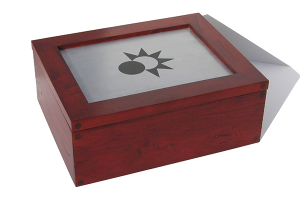 pOST eCLIPTIC cherry wood box lined with purple velvet with silk screened fLANSBURG dESIGN logo on aluminum limited edition one of five