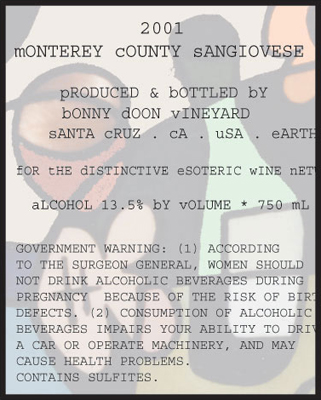 sANGIOVESE wine label Bonny Doon Vineyard limited edition fLANSBURG dESIGN
