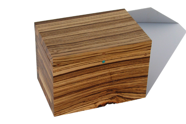 zebra wood box with aromatic cedar lining and turquoise inlay for alignment of top fLANSBURG dESIGN