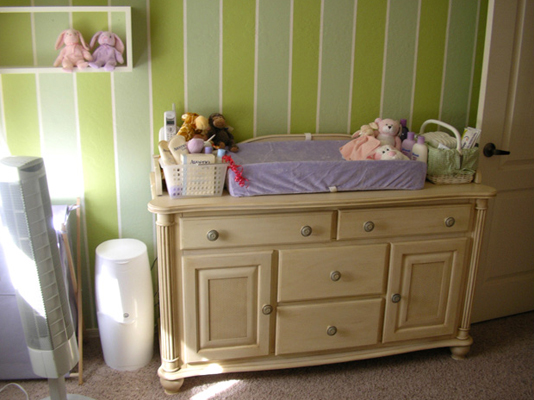 Emma Mary Baby Room dresser and custom pinstripe wall in green blue and off white to match butterflies above crib fLANSBURG dESIGN