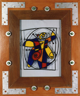 Architecture of a Man's Soul Acrylic Abstraction on Glass and Bolted Frame Inspired by Da Vinci Vitruvian Man fLANSBURG dESIGN