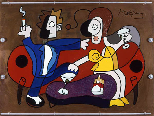 Martini Time Abstract Painting on Copper Depicting Couple on Couch with Martinis and Smokes 1950 Style Genera Interpretation fLANSBURG dESIGN