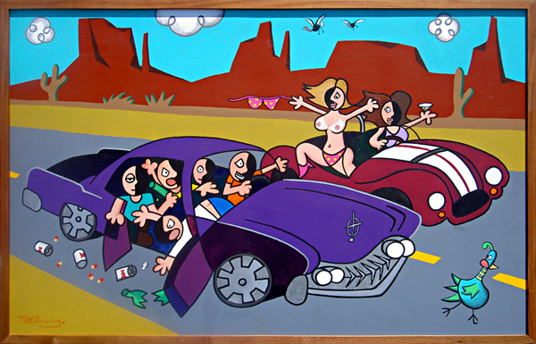Suicide Doors and Suicide Blonde Huge Acrylic Abstract on MDF Medium Density Fiberboard Depicting Debauchery Down the Asphalt Rivers of Freeway Towards Vegas Custom Lincoln Continental Dudes in Back Enibriated while Aggressive Girls Ride Along in Vintage Original Shelby Cobra Taheri Matthew Matt fLANSBURG dESIGN